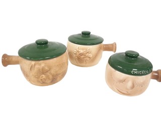Vintage Sylvac Ceramic Dripping Pots Set of 3 Green Lids Handled Kitchenware