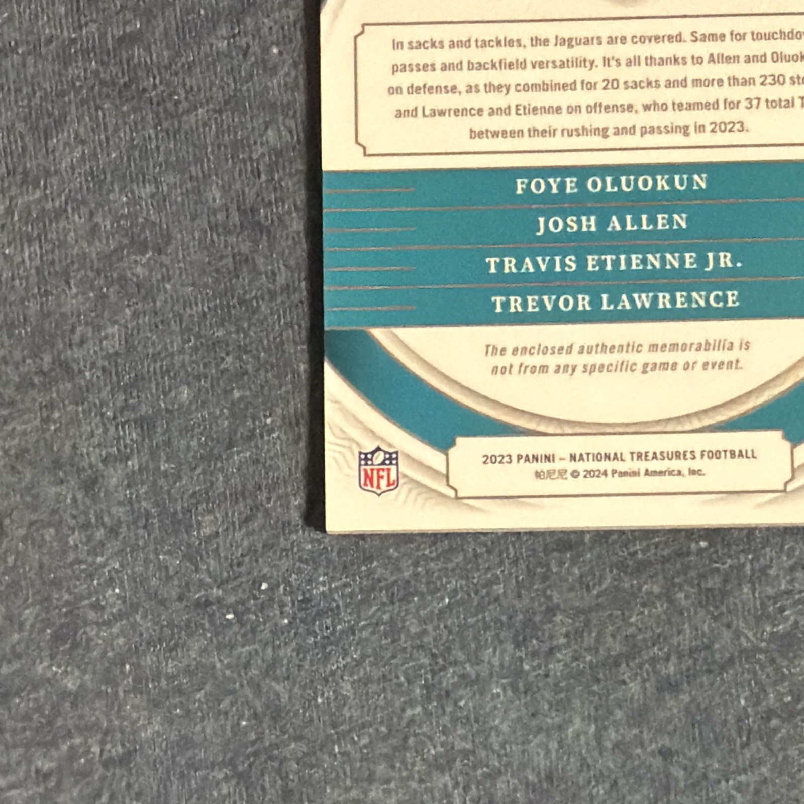 2023 National Treasures NFL Gear Quad Swoosh  Lawrence/Etienne/Allen/Oladuk 1/1 view 10