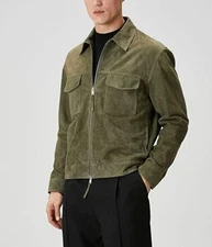 Green Spread Collar Racer Motorcycle Biker Real Suede Leather Jacket For Men