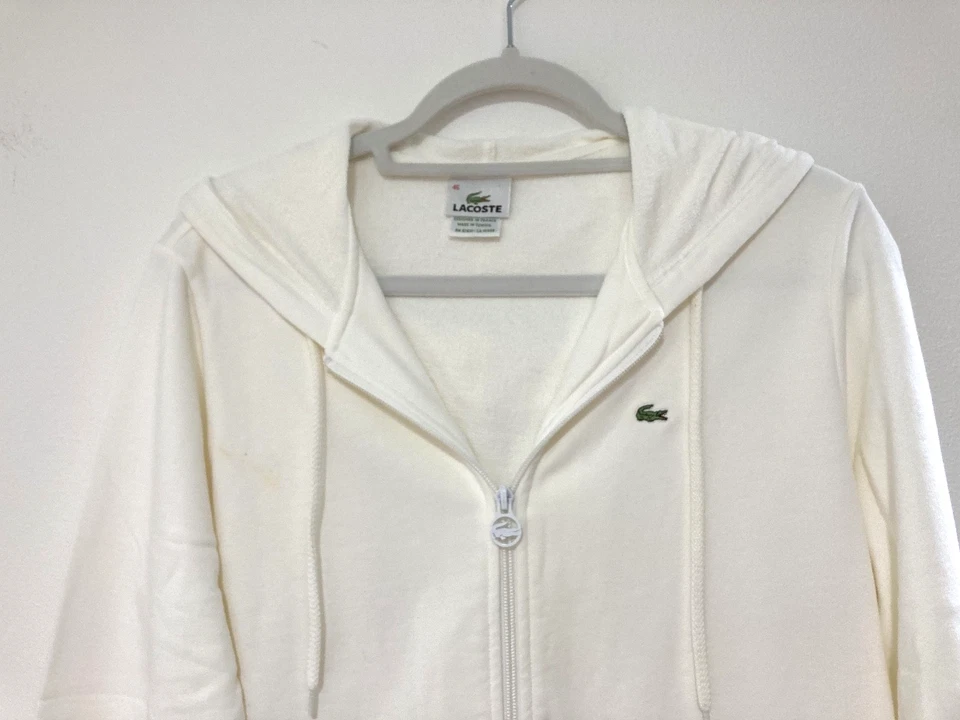 CHAQUETA CON CAPUCHA LACOSTE BLANCA ALGODÓN VERDE RIBETE CREMALLERA 46/XL Foto 3 de 4