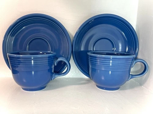 2 Lapis Fiesta Cups & Saucers, 7oz Blue HLC, excellent condition