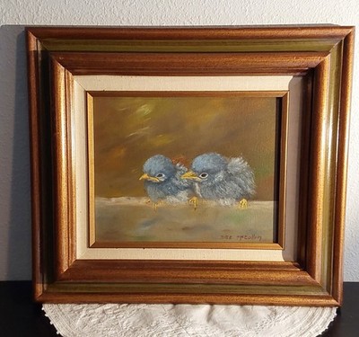 Vintage Small 10''x8'' Original Oil Painting 2 Fat Baby Birds Signed Dee McCollum