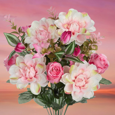 18'' Mixed Artificial Dahlia & Rose Silk Flower Bush