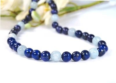 Halskette Edelstein Heilstein Lapislazuli und Aquamarin in Kugelform Ø-10 mm - Bild 1 von 3