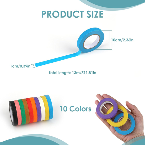 Washi Tape 10mm×13m, 10 Rollen Washitape Pastell Kreppband Bunt Klebeband Regenb - Bild 2 von 6