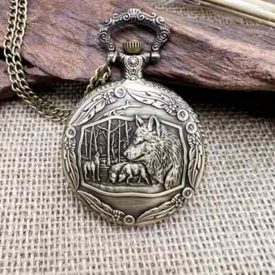 Vintage Stil Bronzefarbene Wolf Taschenuhr, rundes Metallgehäuse mit Kette