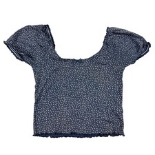 American Eagle Blue Floral Lettuce Edge Baby Tee T-Shirt Short Sleeve Size XS