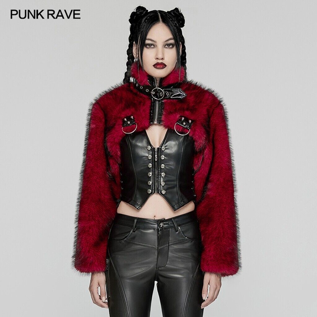 【PUNK RAVE】 ファージャケット Punk Rave Women Black And Red Gothic Punk Personalized