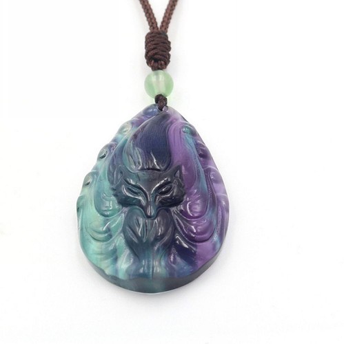 Natural Fluorite crystal nine tailed fox Necklace Amulet pendant with rope Chain - Picture 3 of 8