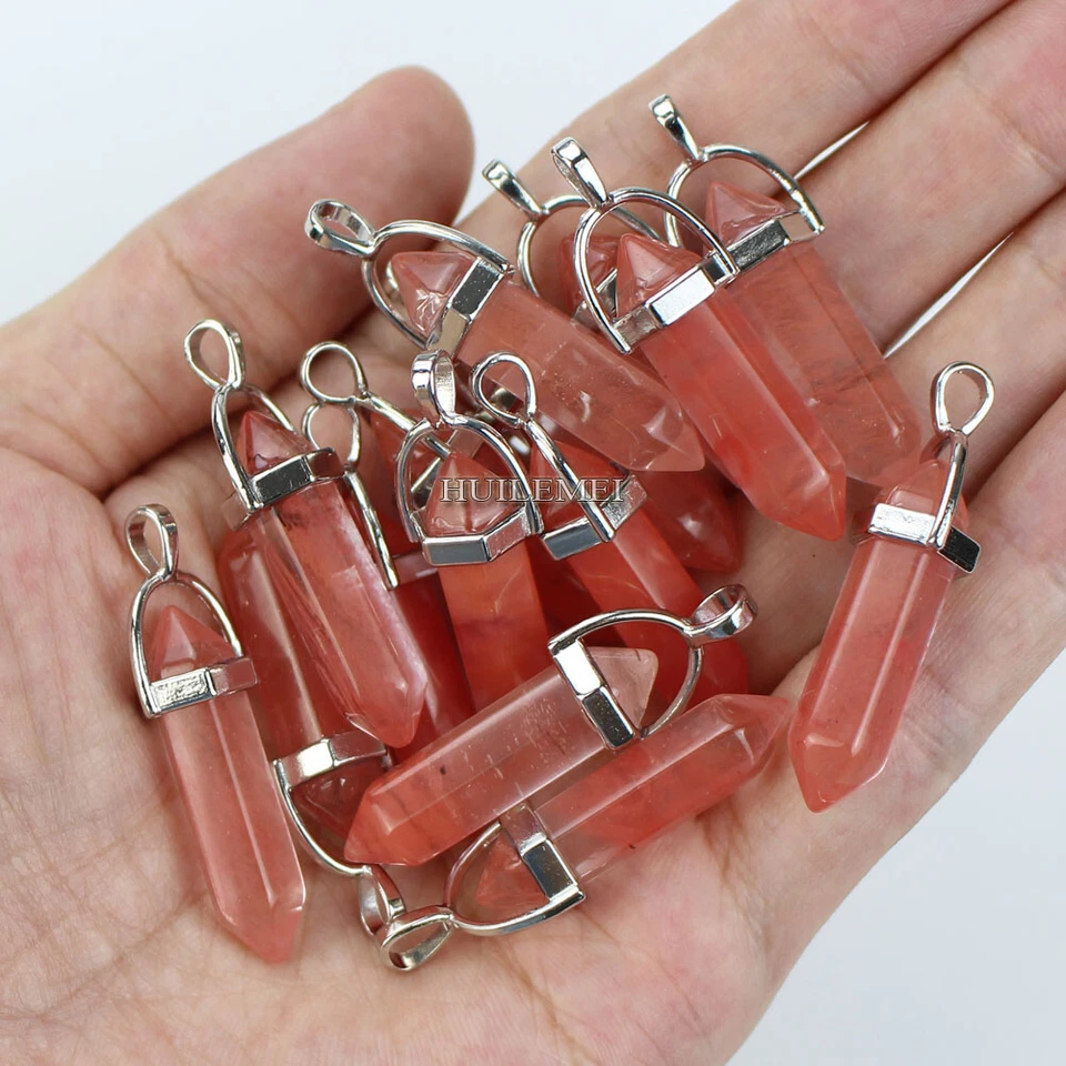 Piedra curativa colgante de chakra Reiki hexagonal de cuarzo cereza 10 piezas Foto 2 de 4