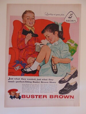1958 BUSTER BROWN BOYS and Girls SHOES art print ad