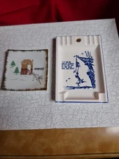 Lot of 2 Vintage glass humor ashtrays or trinket dishes one is square about 3.75