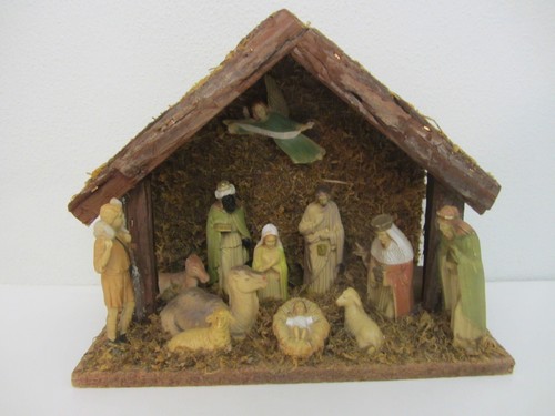 Vintage 12 Piece Nativity Set W/Wooden Creche