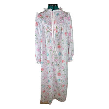Vintage J.C. Penney Womens House Coat Robe Gown Pink Floral Long Sleeve Ruffle L