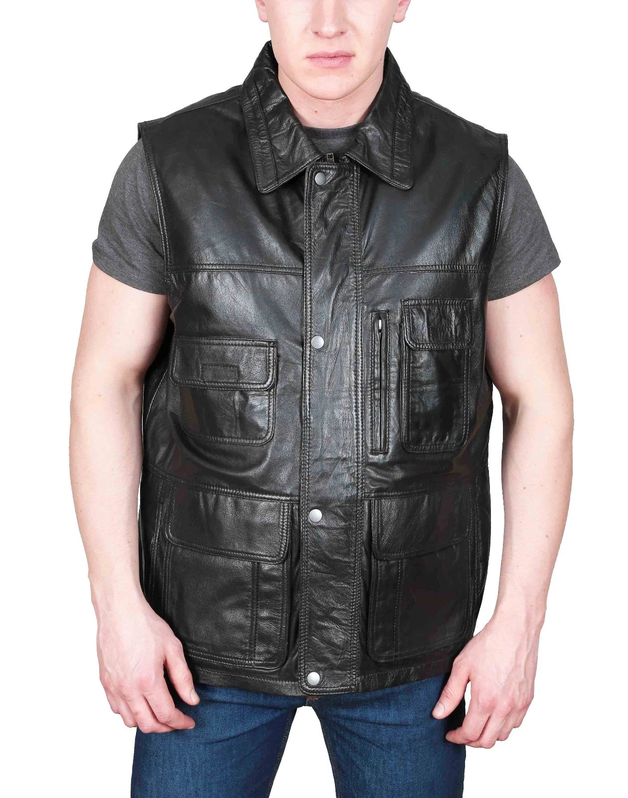 Mens Black Leather Waistcoat Walking Hiking Fishing Hunting Multi Pockets Gilet