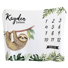 Sloth Milestone Blanket - Personalized Jungle Fleece Throw, Baby Shower Gift