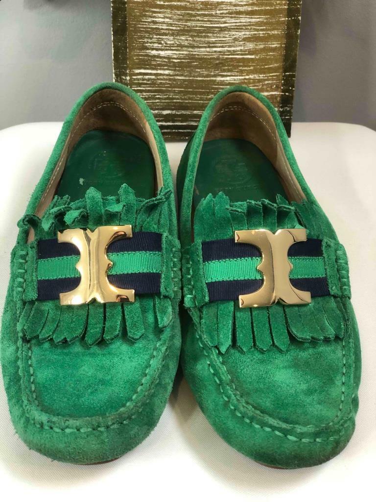 TORY BURCH Women's Gemini Link Green Suede Driver Loafers