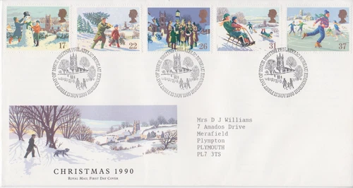 GB ROYAL MAIL FDC 1990 CHRISTMAS STAMP SET BUREAU PMK