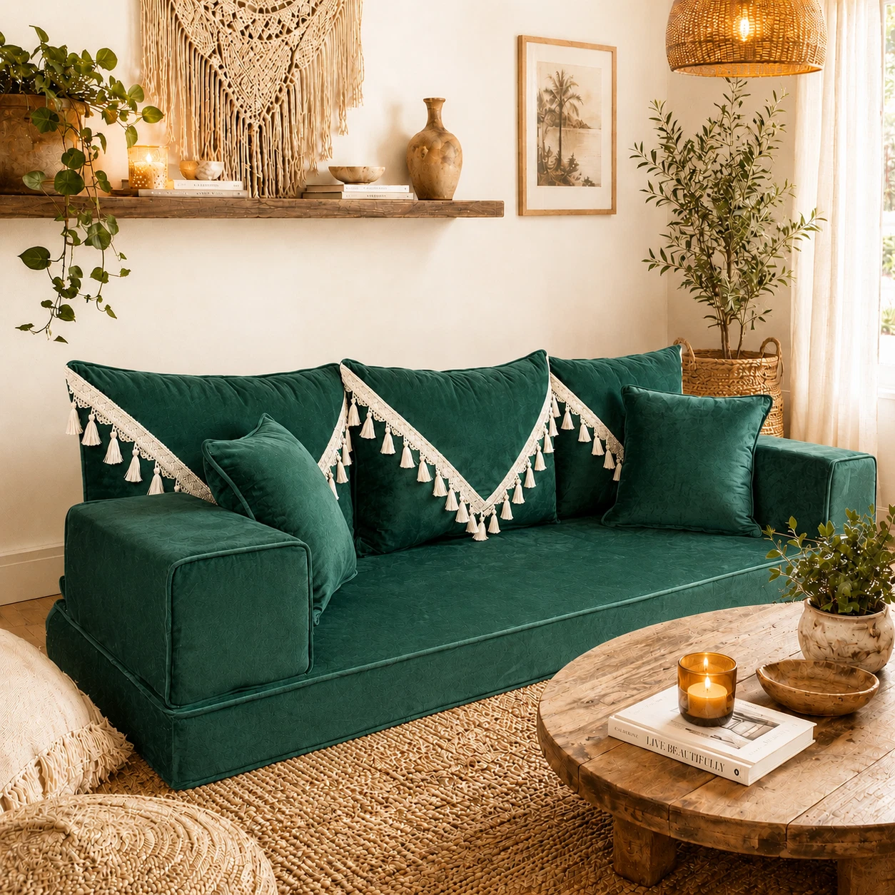 Handmade Moroccan Floor Sofa Set - Bohemian Velvet Lounge Seating Arabic Majlis