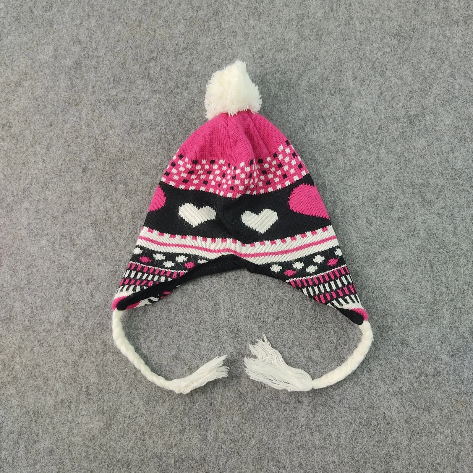 Vintage Pink Black Heart Knit Earflap Beanie Hat Pom Pom Tassels Kawaii Y2K
