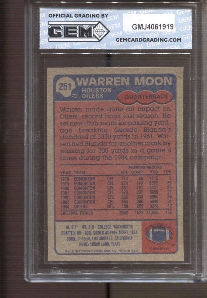 1985 Warren Moon Topps #251 Gem Mint 10 RC Rookie Houston Oilers - Image 2 of 2