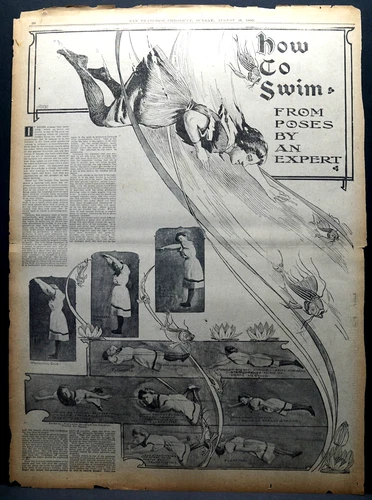 1900 San Francisco Newspaper Feature Page - How to Swim From Poses By An Expert