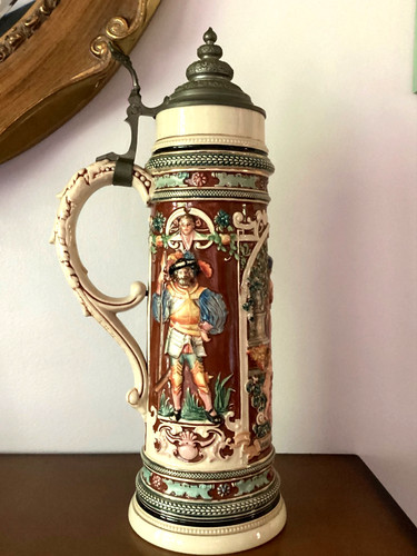 Antique German 2 Liter Relief Molded Beer Stein with Pewter Lid – Mold No. 866