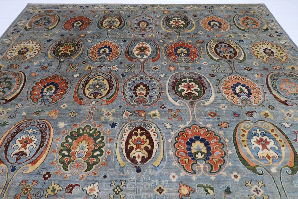 10 x 14 ft Suzani Gray Area Rug Afghan Hand Knotted Veg Dye Wool oriental Rug - Image 4 of 4