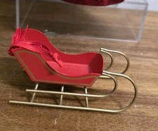 Vintage Christmas Red & Gold Metal Sleigh Sled Ornament 