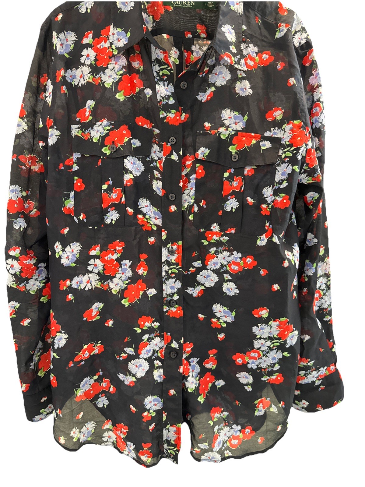 Lauren Ralph Lauren Floral Blouse L Button Up Silk Blend Long Sleeve Shirt Sheer