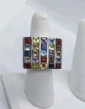 Stunning Modern Artisan Sterling Silver 925 W/ 25 Varied Gemstones Ring, Size 8