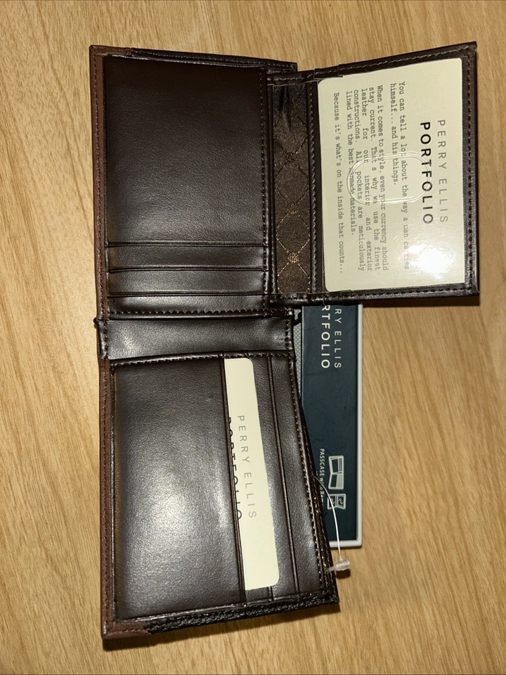 Cartera plegable de cuero genuino marrón para hombre Perry Ellis Portfolio Foto 2 de 3