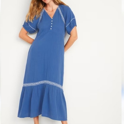 Old Navy Crinkle-Crepe Cotton Maxi Swing Dress Bohemian Royal Blue Size Large
