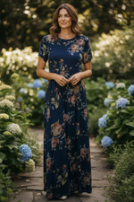 Pink blush maxi dress in blue floral print color