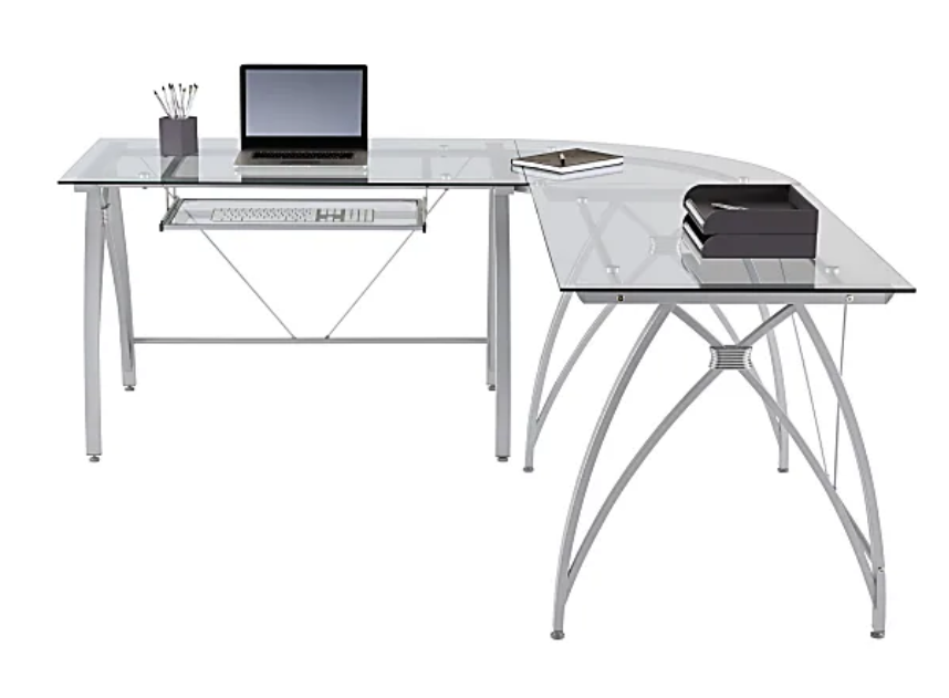 Realspace® Vista Glass 76"W LShape Corner Desk, Silver eBay