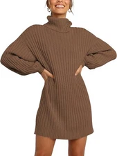 Anrabess Women’s Oversized Sweater Dress Turtleneck Batwing Sleeve Short Dress 
