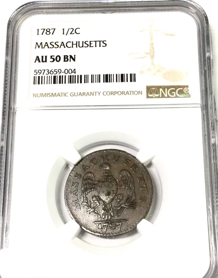 1787 Massachusetts 1/2 Cent AU50 BN NGC graded Nice Straight Grade ! Colonial - Image 2 of 4