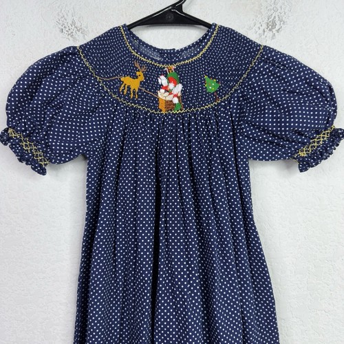 Mom & Me Dress Girls Size 5 Blue White Polka Dot Smocked Embroidered Christmas - Picture 3 of 9