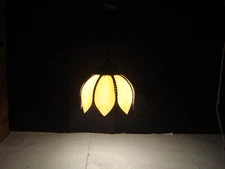 VTG Mid Century Modern  Glass 6 Panel Tulip Pendant Hanging Light Lamp Brass