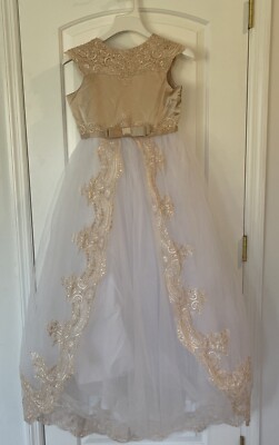 New Girls Size 12 Lace Gold Tutu Kids Party Wedding Maxi Gown Bow Formal