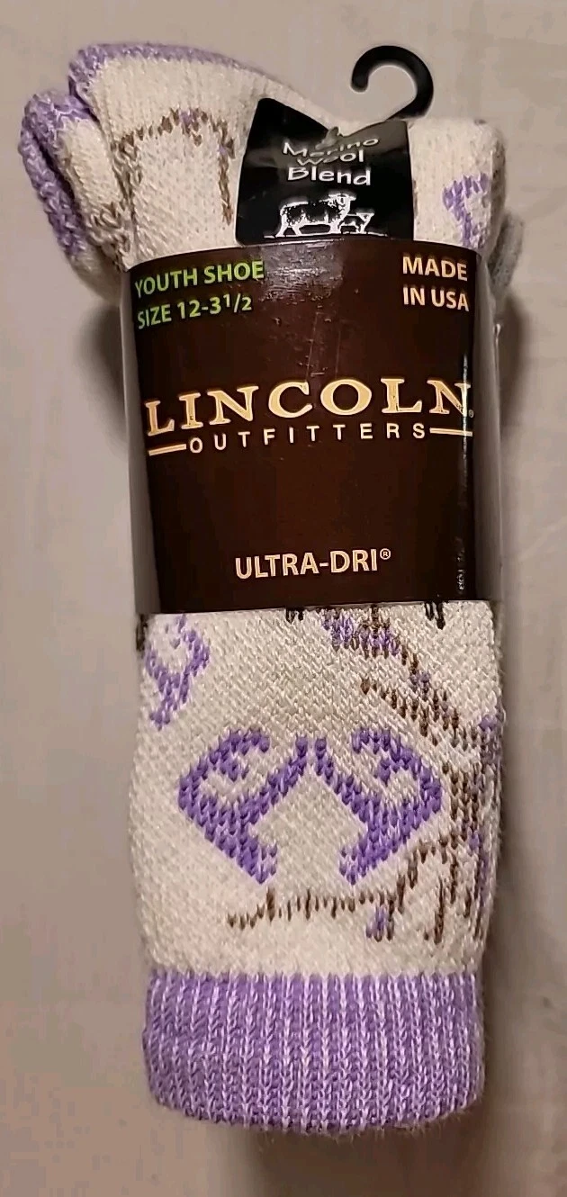 Lincoln Outfitters Merino Wool Socks Youth 12-3.5 Made In USA Teal Lavendar