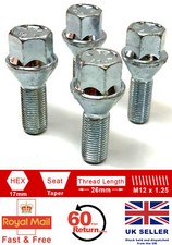 4 x M12 x 1.25 26mm thread 17mm Hex alloy wheel bolts for Fiat