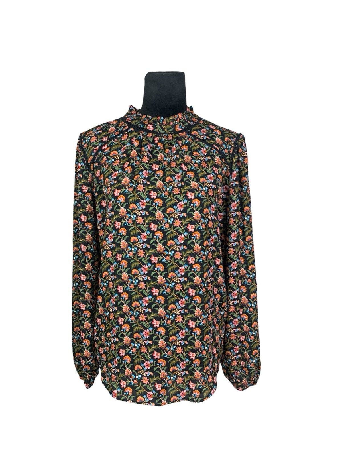 LOFT Size L Colorful Floral Long Balloon Sleeve Ruffled Peasant Blouse