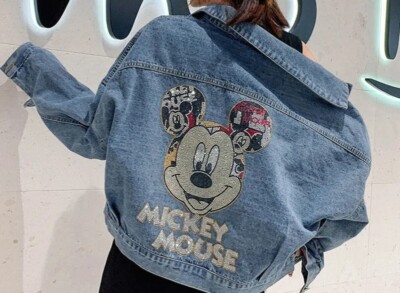 New Women Luxury Diamond Mickey Mouse Rhinestones Denim Jacket Jeans Coat
