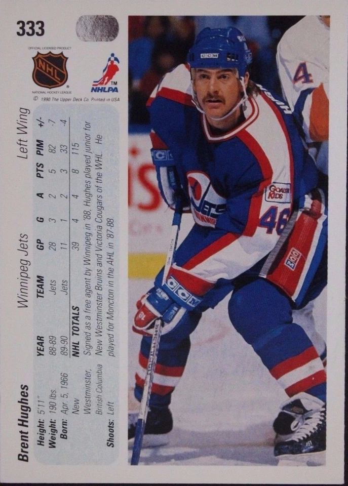 Brent Hughes Jets Autographed 1992 Upper Deck #333 Hockey Card JSA 16H - Image 2 of 2