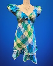 Y2K Patchwork Plaid Mini Smocked Dress Puff Sleeve Babydoll Ruffle Hem Size M