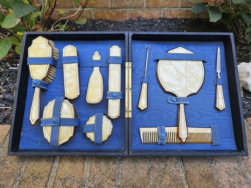 Vtg Wilcox Art Deco Vanity Set Overnight Case With Celluloid Accessories