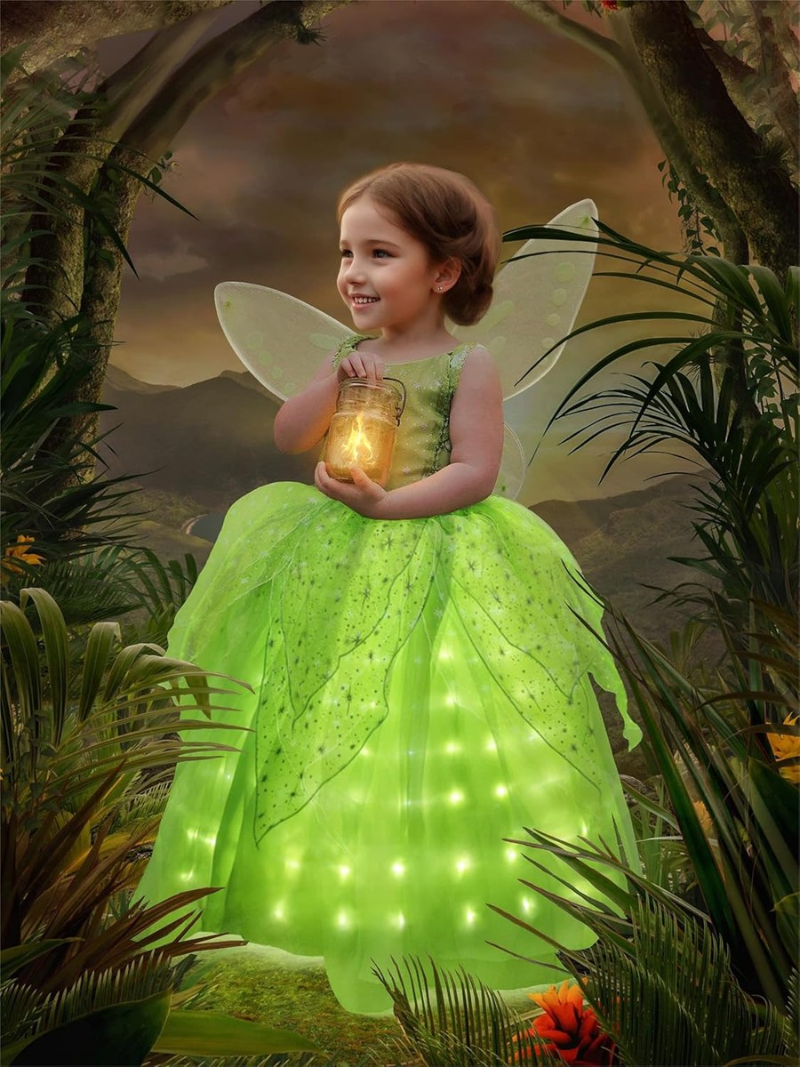 Light Up Girls Halloween Costume Toddler Fairy Dress & Wings Green Fairy  Girls C