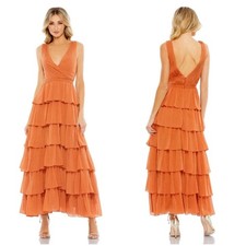 Mac Duggal Swiss Dot Ruffle Tiered Maxi Dress Burn Orange 55843 size 4 