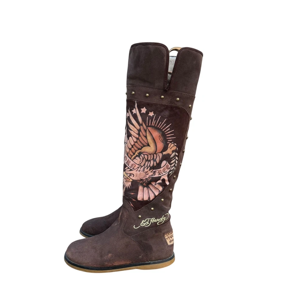 Ed Hardy Women Brown Over The Knee Boots Eagle Design Studded Lined Size 7 - Image 2 of 4
